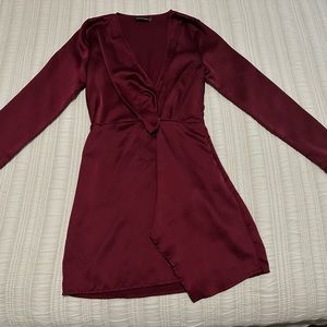 PLT Burgundy Satin Long Sleeve Wrap Mini Dress